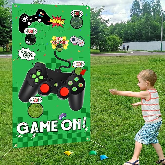 Vuzvuv Video Game Toss Games Banner with 4 Bean Bags 5 Scores Holes Throwing Theme Party Favors, for Adults Birthday Party Decorations