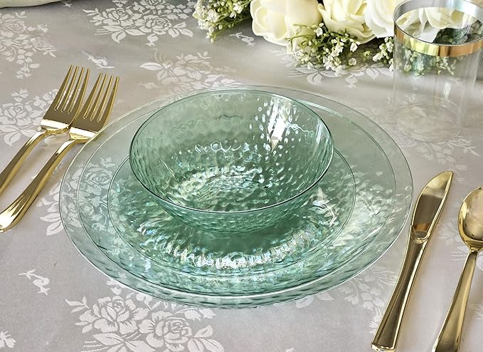 " OCCASIONS " 100 Plates Pack (50 Guests) Wedding Party Disposable Plastic Plate Set -50 x 10'' Dinner + 50 x 7'' Salad/dessert plates (Coastal Clear Green)