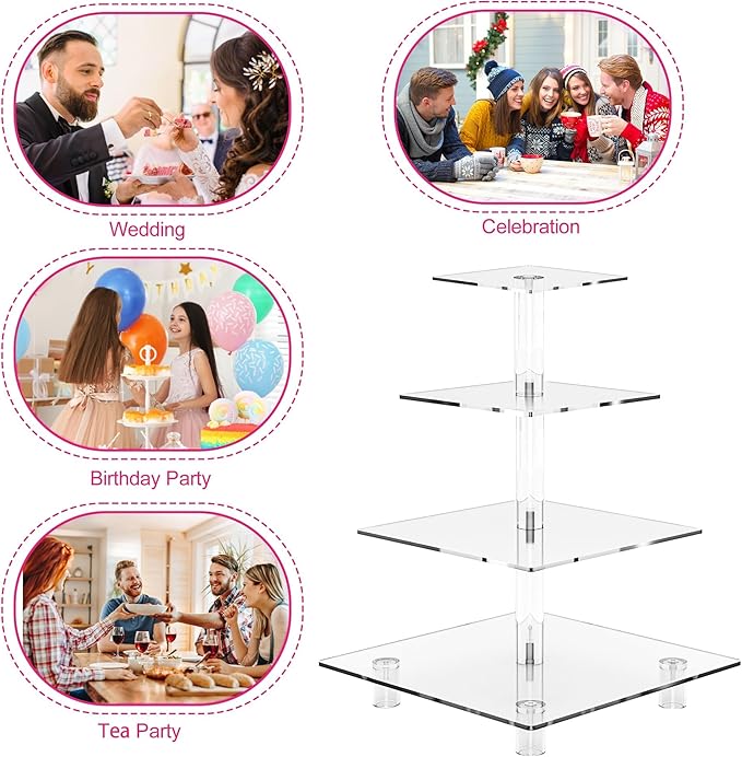 weddingwish Acrylic Cupcake Stand, 4 Tier Square Cupcake Display Stand with Base, Clear Cupcake Tower for Dessert Table,Wedding, Party, Baby Shower