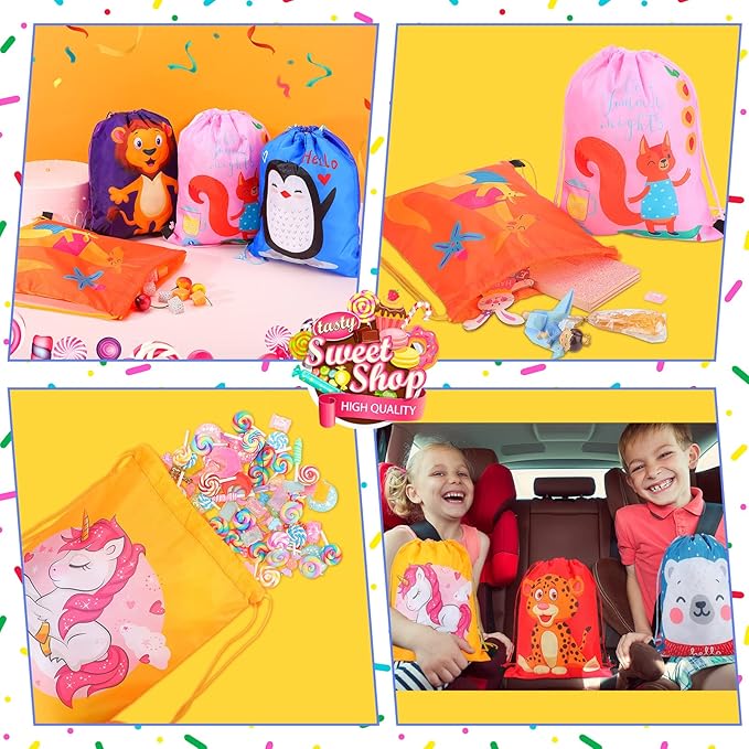 GliCraft 16 Pcs Animal Drawstring Gift Bags for Kids Cartoon Animal String Backpack Party Favor Bags for Halloween Birthday Holiday Baby Shower Supplies