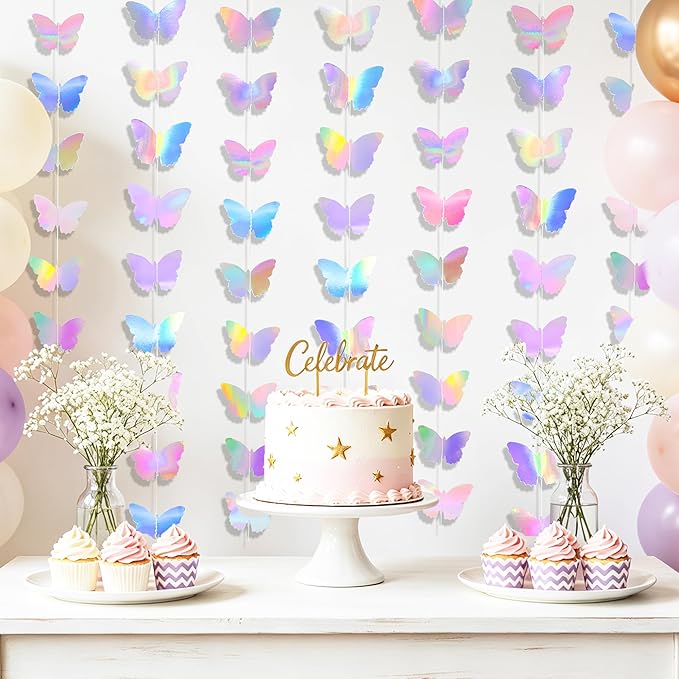 40Ft Iridescent Holographic Butterfly Garland Disco Hanging Streamer Decor for Galentines Valentines Day, Wedding, Bridal Bachelorette Baby Shower & Birthday Party