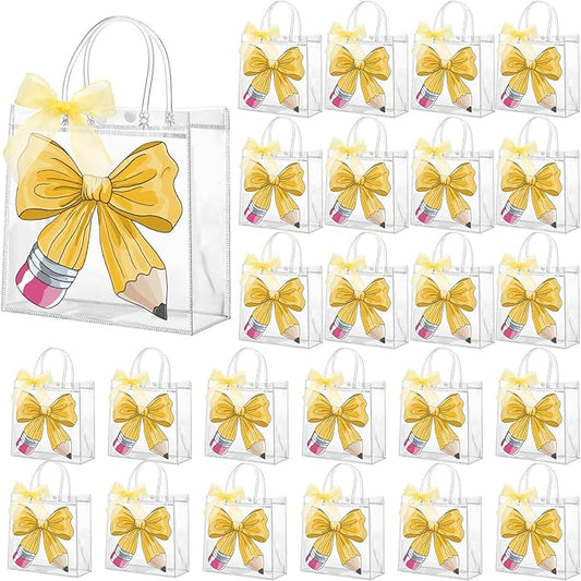 Motipuns 24 Pcs Clear PVC Gift Bags with Handles and Ribbon Party Favor Reusable Plastic Goodie Candy Treat Bags for Birthday Party Supplies (Pencil)