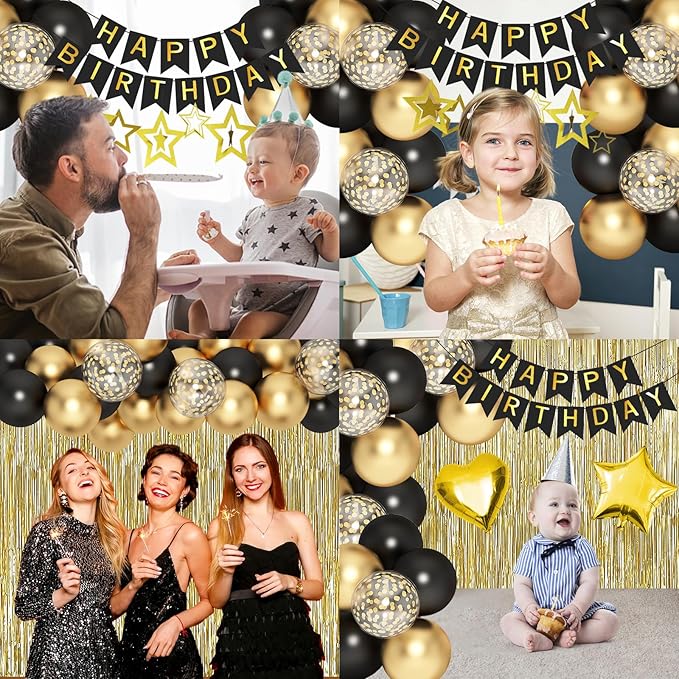 Black Gold Birthday Decorations, Gold Party Decorations Set with Birthday Banner, Black Gold Balloons, Gold Fringe Party Curtains, Hanging Swirls, Cake Toppers for Girls Women Men Kids Birthdays Party