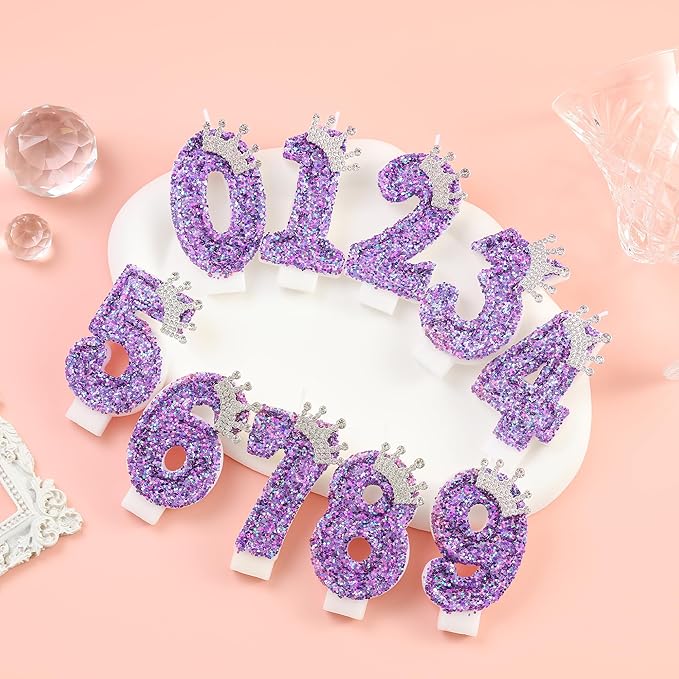Birthday Number Candles,Purple Crown Birthday Candles for Cake,Glitter Number 0 Candle Cake Topper with Sequins for Anniversary Celebrations Supplies