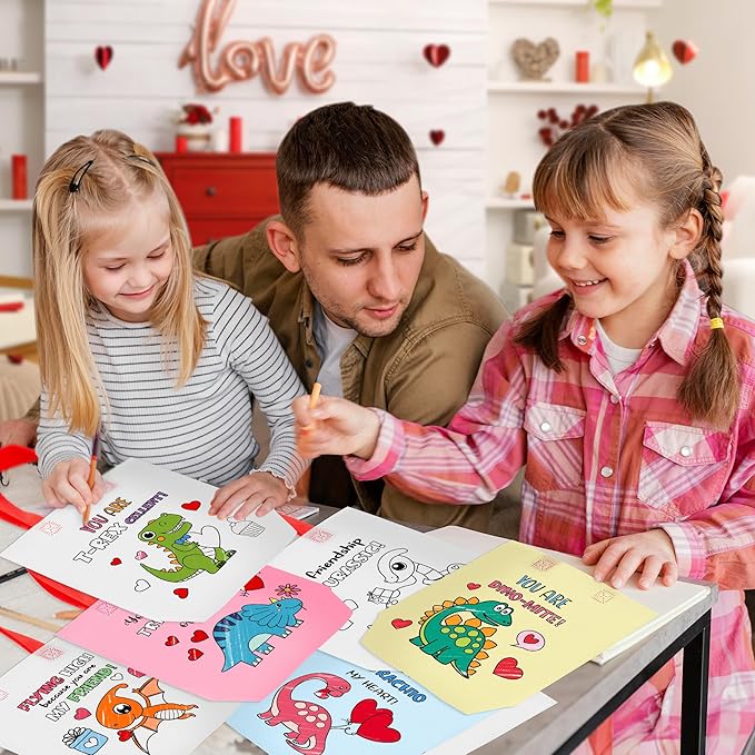 Valentine Coloring Goodie Bags for Kids - 24Pcs Dinosaur Bulk Color Your Own Gift Bags with Handle Valentine's Day Reusable Coloring Non Woven Tote Bag for DIY Craft Painting Party Favor Supplies