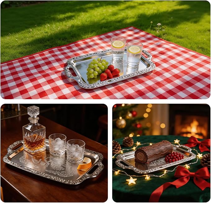 Silver Serving Tray, Metal Serving Tray - 2 Pack Rectangular Decorative Serving Trays with Handles, Ideal for Serving Food and Desserts, Perfect for Home, Parties and Weddings.