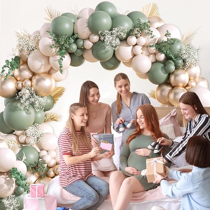 130Pcs Sage Green Gold Balloon Garland Arch Kit with Sage Green Sand White Gold Balloons for Baby Shower Bridal Shower Birthday Engagement Wild One Party Decorations