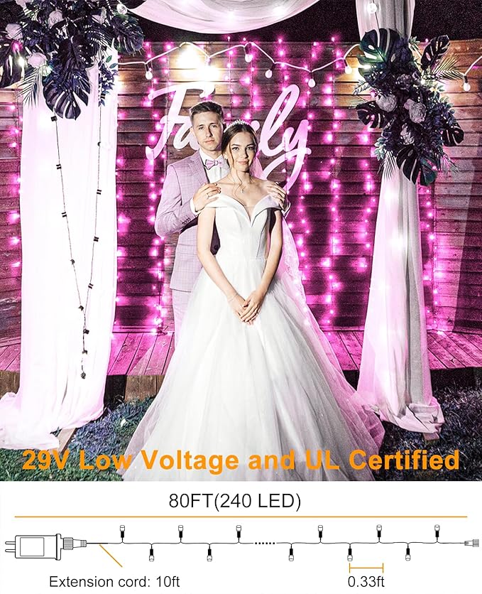 80FT 240 LED Christmas Lights Outdoor, Plug in String Lights for Outside Waterproof, 8 Modes Connectable Green Wire Twinkle Fairy Lights for Indoor Home Garden Patio Party Holiday Decorations, Pink