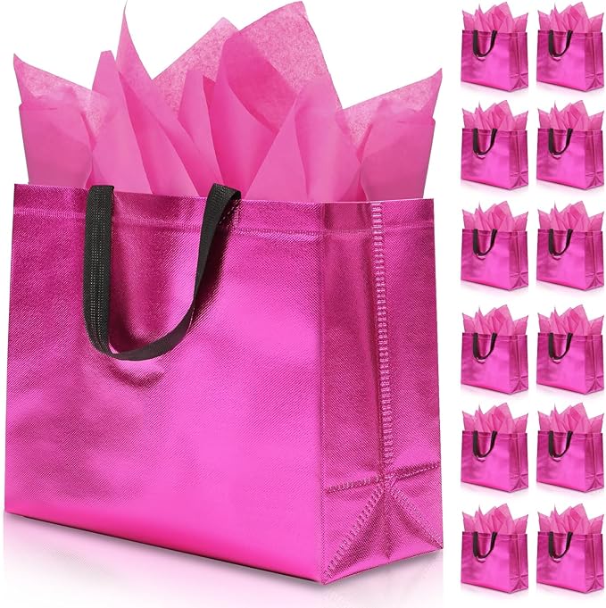KeerxunBag 12Pcs Reusable Gift Bags（Includes Tissue Paper） Gift bag with handle Birthdays Parties Holidays Weddings Medium 13x5x11in Magenta gift Bags