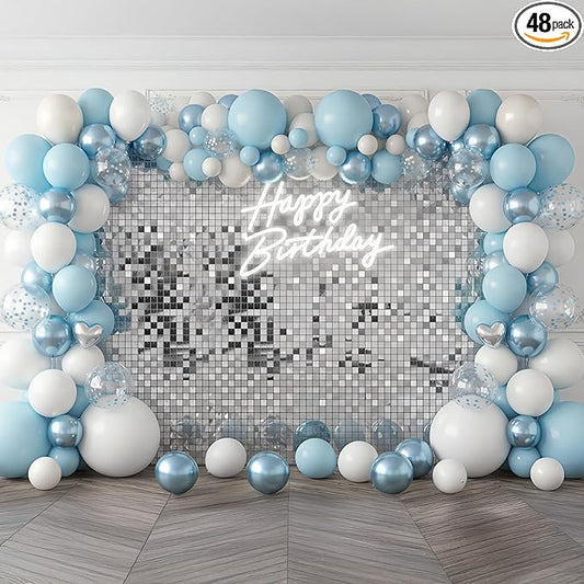 Silver Shimmer Wall Backdrop 48 Glitter Panels Create 6 x 8 Ft Photo Background for Wedding Birthday Graduation Anniversary Grand Opening Party Decor with Polymer Material