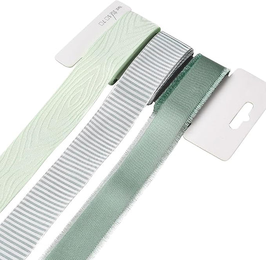 BEEFLYING 3 Styles Green Wire Edged Ribbons for Gift Wrapping Decoration 25~28mm×2.7m Stripe Ribbons Satin Ribbons for Wedding Party Decoration Hair Bows Flower Designs Sewing and Craft, 9 Yards