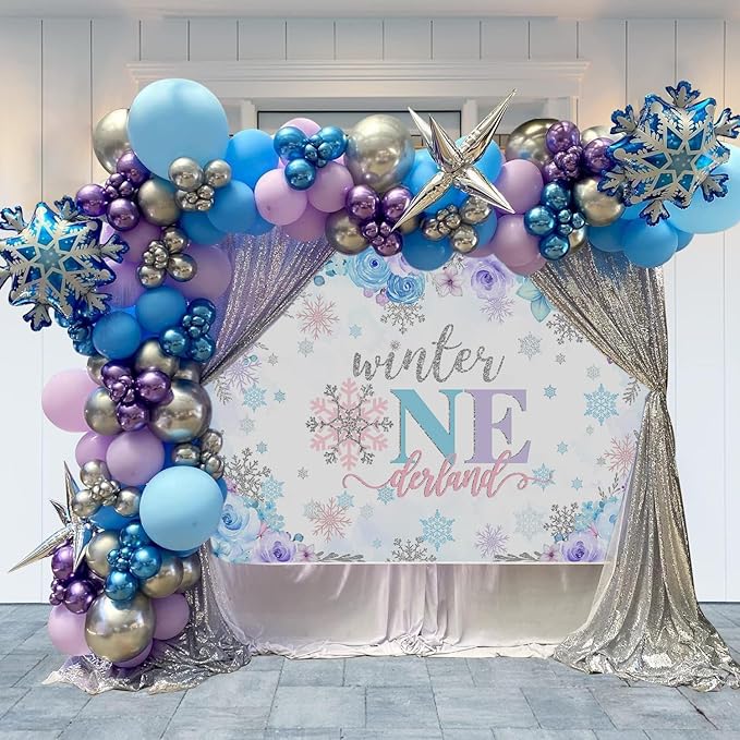 Mocsicka Winter Onederland Backdrop for Girls' Snowflake 1st Birthday Winter Wonderland Party Decoration Blue Silver Banner Photo Booth Props (Purple, 7x5ft)