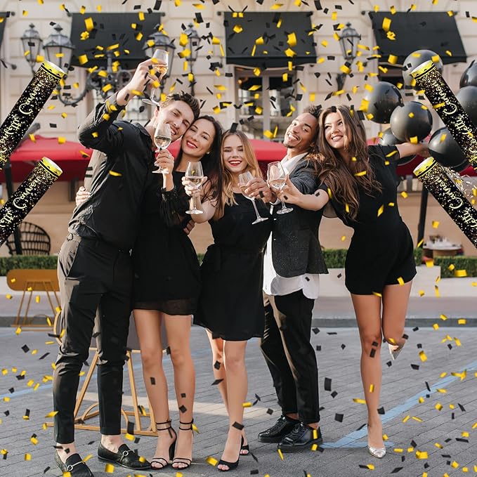 12" Black Gold Confetti Cannon Party Poppers for Birthday Graduation Wedding Retirement New Year Celebrations - Easy to Use, Black Paper and Gold Foil Confetti - Pack of 4