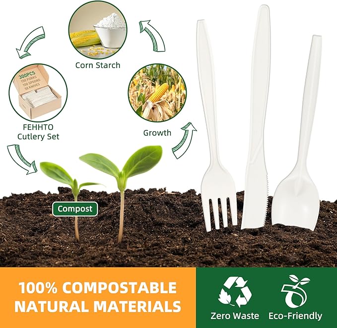 100% Compostable Cutlery Set, Disposable Cornstarch Utensils Heavy Duty BPI Certified Eco-Friendly Party Supplies No Plastic-300pcs (150 Forks,100 Spoons,50 Knives)