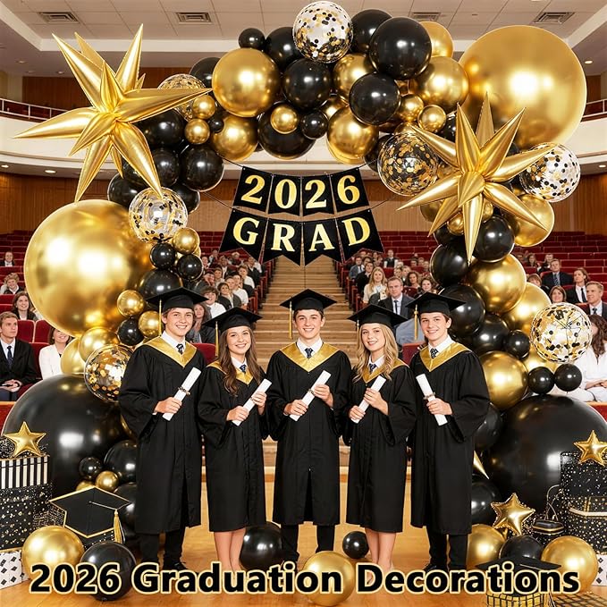 KARLURE Black and Gold Balloons Arch Kit with Black Gold Confetti Balloons for 2026 Graduation Decorations Class Grad Men Birthday Party Prom Retirement Masquerade Anniversary Party Decorations