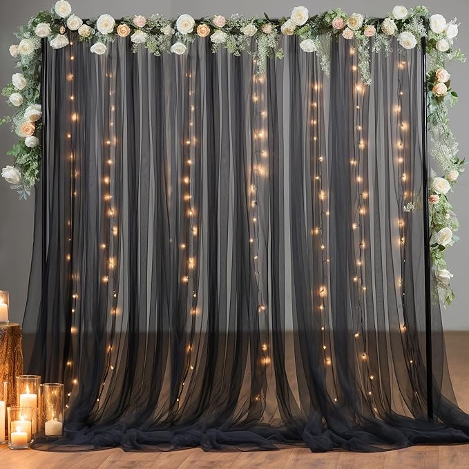 10x8ft Black Tulle Backdrop Curtain with Lights String for Parites, Sheer Photo Backdrop Curtains for Wedding Baby Shower Birthday Party Photo Shoot Decorations