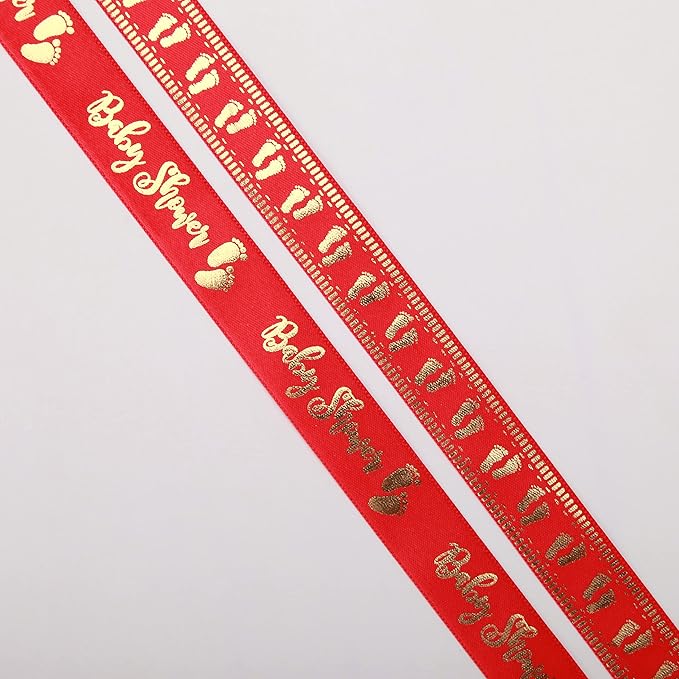 Meseey 20 Yards Baby Ribbon Foot Print Red and Gold Ribbons for Crafts Cake Baby Shower Birthday,Gift Wrapping, Party Decoration (red)