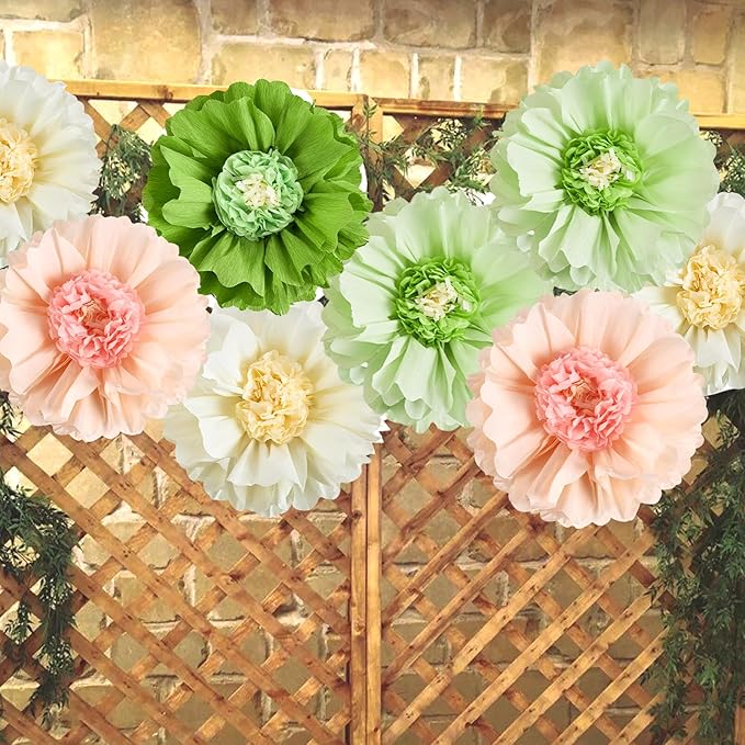 SUNBEAUTY 4 PCS 20" Sage Green Giant Paper Flowers Large Crepe Paper Tissue Flowers Artificial Decorations for Spring Summer Flower Wall Backdrop Birthday Party Wedding Baby Shower Bridal Easter Decor