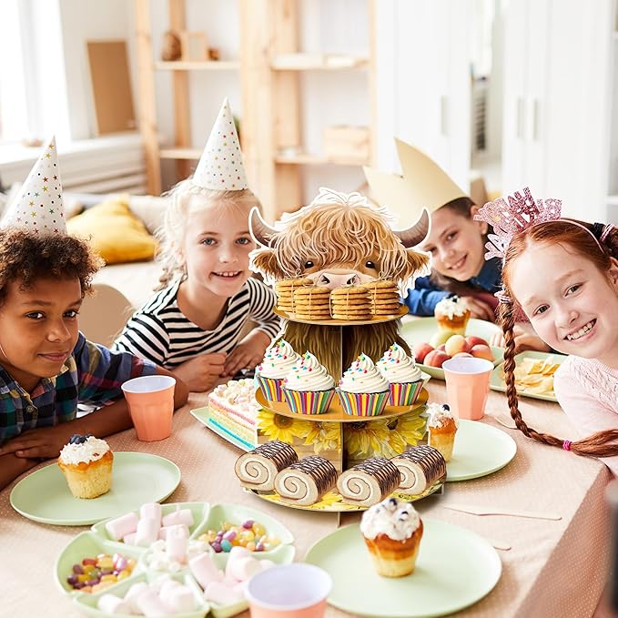 3 Tiers Highland Cow Cupcake Stand Baby Highland Cow Birthday Party Cardboard Cupcake Holder Decorations Sunflower Party Dessert Tower Animals Party Supplies for Kids Highland Cow Themed Baby Shower