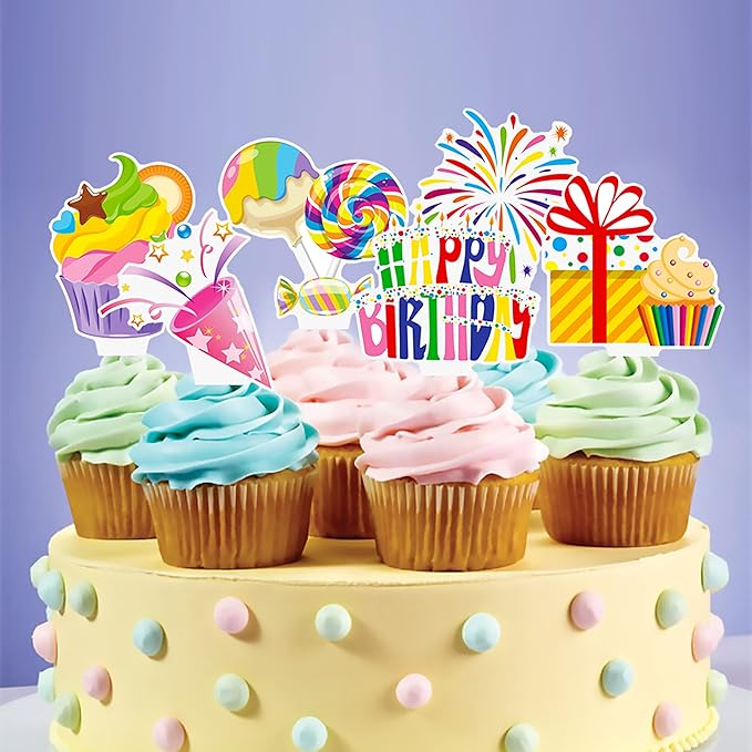 48pcs Happy Birthday Cupcake Toppers Colorful Birthday Cupcake Picks Decorations for Boy Girl Birthday Party Supplies