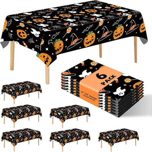 6 Pack Halloween Pumpkin Ghost Tablecloth, 54" x 108" Rectangular Plastic Spider Web Table Cloth Large Size Halloween Table Covers for Home Decor Party Decorations (Halloween Pumpkin Ghost)