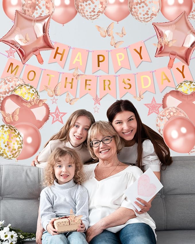 Lutoys Rose Gold Happy Mothers Day Decorations, Happy Mother’s Day Banner, Rose Gold Foil Heart Star Confetti Balloons Curtain Backdrop Hanging Swirls Party Decor for Mom Women