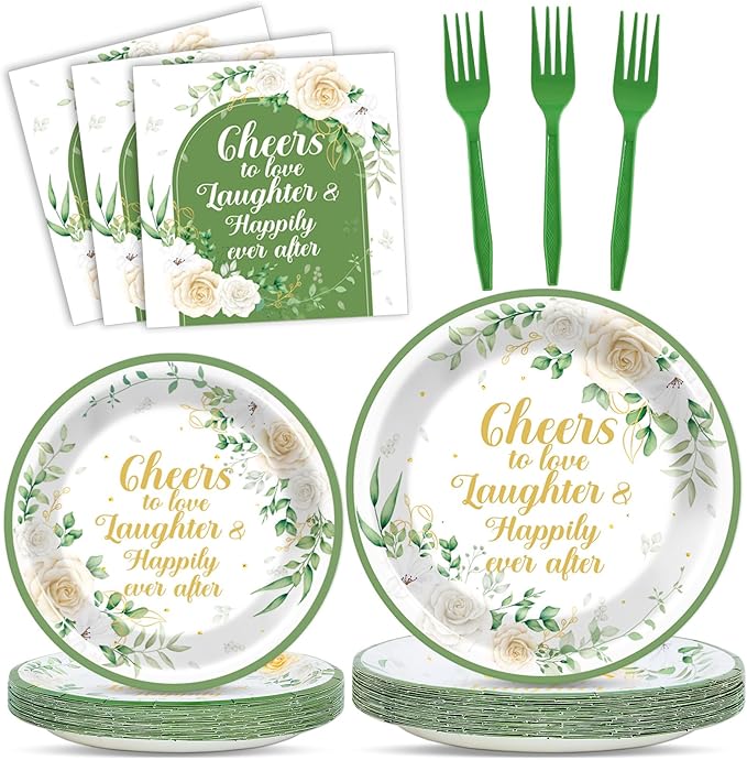 96Pcs Bridal Shower Party Supplies Eucalyptus Leaves Wedding Paper Plates Nankins Sage Green Party Decoration Engagement Cheers to Love Bridal Shower Holiday Dinnerware Party Favor Tableware Serves 24