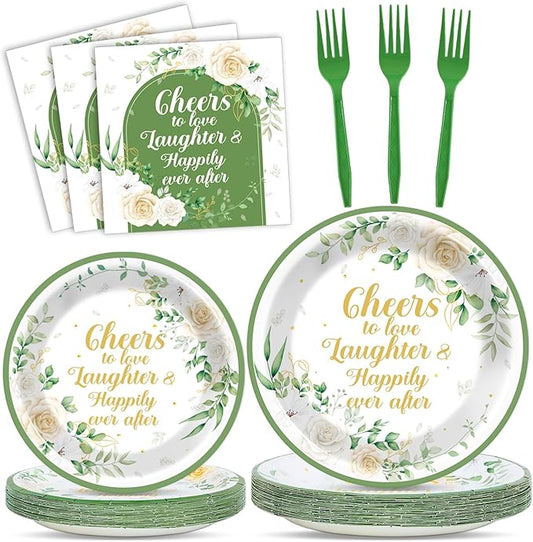 96Pcs Bridal Shower Party Supplies Eucalyptus Leaves Wedding Paper Plates Nankins Sage Green Party Decoration Engagement Cheers to Love Bridal Shower Holiday Dinnerware Party Favor Tableware Serves 24