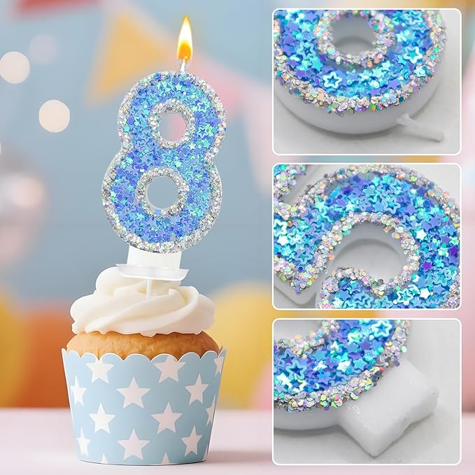 Blue Star Number 8 Candle for Cake Decoration, Glitter Star Cake Topper, Shaker Style Number Candle for Anniversary Celebration Party Supplies