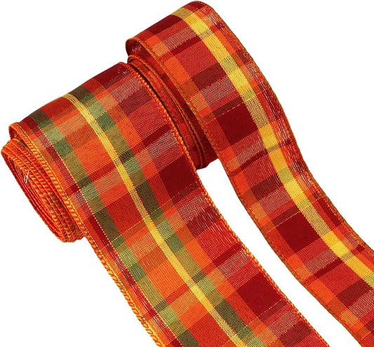 Meseey Fall Plaid Ribbon 1.5 inch Buffalo Plaid Burlap Ribbon 2-1/2" Tartan Check Pattern Ribbon for Big Bow,Fall Wreath,Gift Wrapping,Crafts (Burgundy/Yellow)
