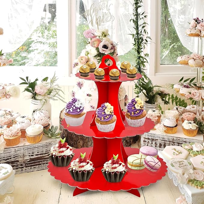 Soleebee 3-Tier Cupcake Stand, Cardboard Cupcake Tower, Dessert Cup Cake Stand Tower for Birthday Wedding Party Decoration, Cupcake Tier Stand 1 Set (Red)