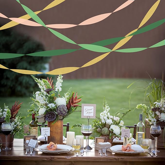 8 Rolls Crepe Paper Streamers, Green, Gold and Peach Pink Streamers Party Decorations for Wedding Bridal Shower Baby Shower Birthday Christmas Party