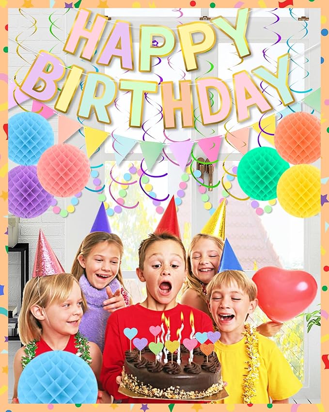 Oomloid Happy Birthday Party Decorations - Colorful Happy Birthday Banner Swirl Streamers Honeycomb Balls Circle Dots Garland Triangle Flag Bunting, Party Decor for Women Men Boys Girls