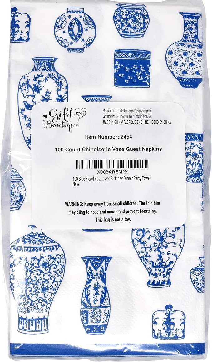 Gift Boutique 100 Blue Floral Vase Guest Napkins 3 Ply Disposable Paper Hand Towels for Bathroom Wedding Holiday Bridal Shower Birthday Party Decor