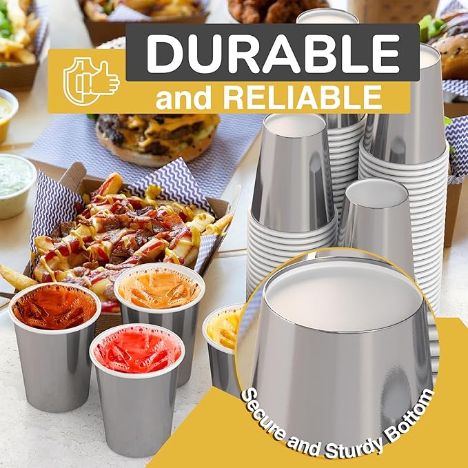 Party Solids Metallic Silver Paper Cups 9 oz Durable Disposable Cups 1000 Paper Tumblers for Hot Drinks and Cold Drinks Thick 280 GSM Hot Cup for Tea & Coffee Cup To Go Fun Colors for Parties & Events