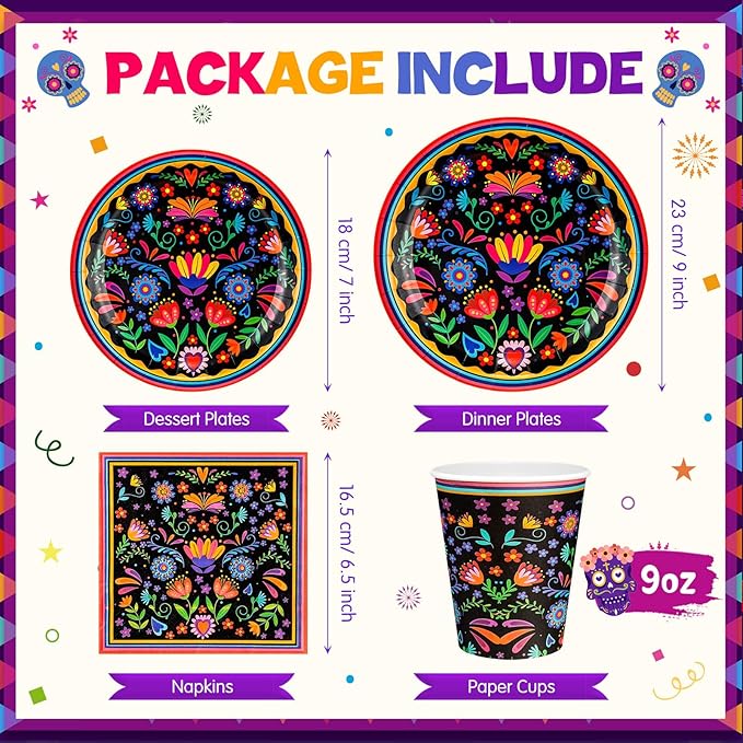 Domensi 200 Pieces Mexican Party Decoration Supplies Serves 50/100 Guests, Mexican Paper Plates Napkins Cups Set Fiesta Disposable Tableware for Cinco De Mayo Taco Tuesday Birthday Party Decorations