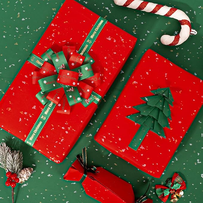 MAYPLUSS Gift Wrapping Paper Roll - 17Inch x 16.5Feet - Elegant Red Gold Foil Design Shiny Flakes Silky Touch Thick Matte Gift Wrap Paper for Christmas, Wedding, Birthday, Holiday,Celebrations