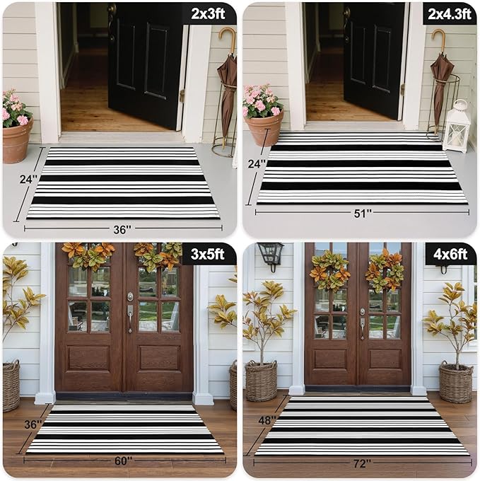 OJIA Black & White Outdoor Rug 3x5 Cotton Hand-Woven Striped Porch Rugs Machine Washable Entryway Rug Indoor Outdoor Area Rug Front Door Rug Floor Mat for Farmhouse/Living Room/Home Entrance