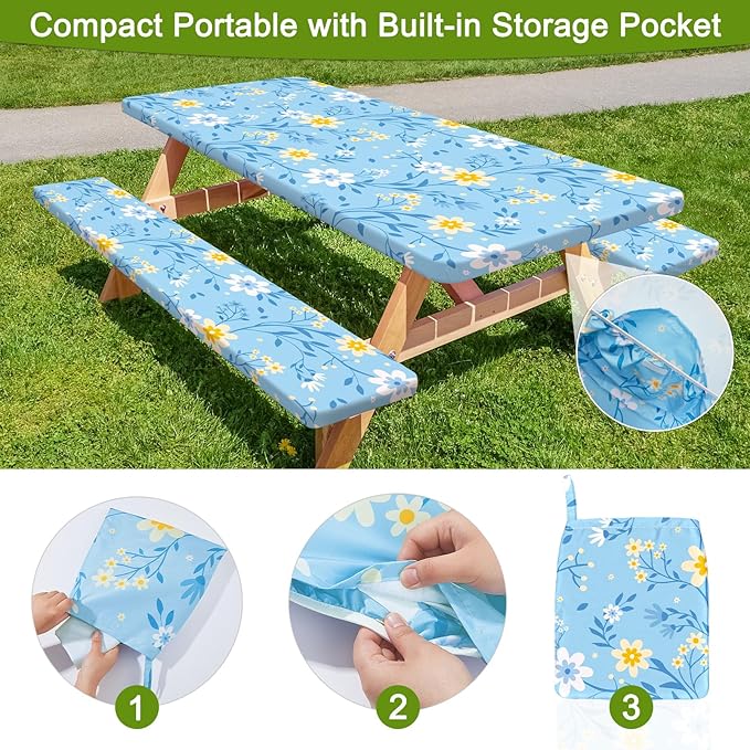 Picnic Table Cover with Bench Covers Portable Table Cloth Built-in Storage Pocket Fitted Tablecloth with Elastic Edges Waterproof Camping Essentials for Indoor Outdoor Rv,72in,Light Blue