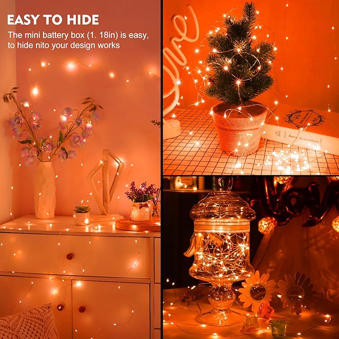 pozzolanas 24 Pack Orange Fairy Lights Battery Operated 3 Modes 7FT 20 LED Waterproof String Lights Twinkle Silver Wire for Mason Jars Wedding Christmas Halloween Party Decor (24, Orange)