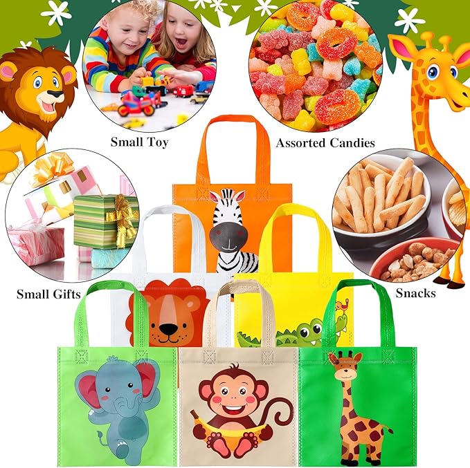 Tallew 24 Pack Safari Favor Bags with Handle Non Woven Jungle Animal Treat Goody Bags Lion Tiger Elephant Monkey Crocodile Giraffe Safari Birthday for Kids Party Baby Shower Decorations Supplies