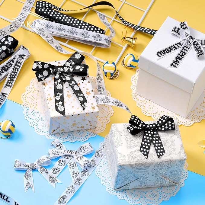 Volleyball Ribbons 5 Rolls 20 Yards, 5/8" Black White Grosgrain Cute Sports Volleyball Ribbons for Gift Wrapping Making Hair Bows Sports Theme Party Decor