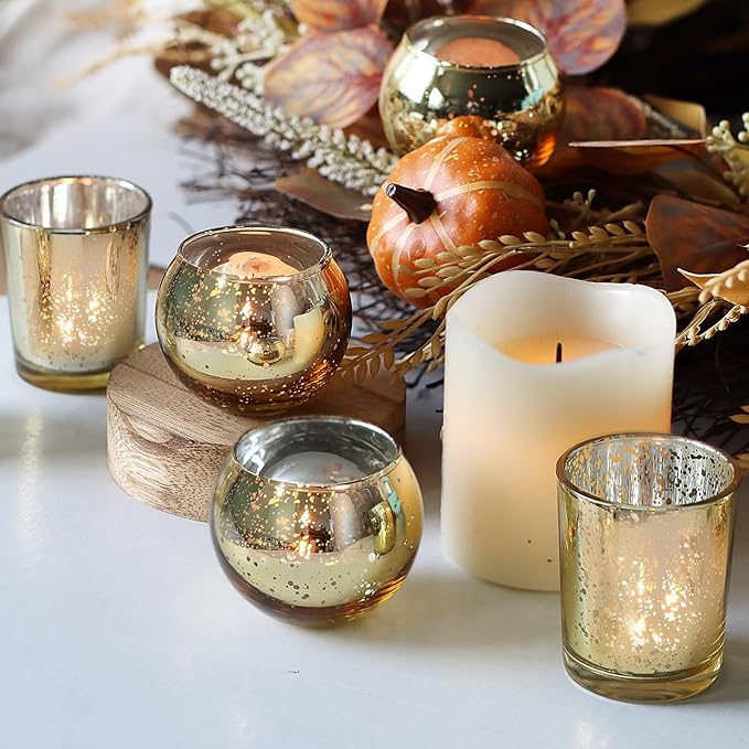 48pcs Assorted Gold Votive Candle Holders Bulk for Table Centerpieces,Mercury Glass Candle Holder for Tea Lights,Wedding Decorations, Christmas/Diwali Decorations for Home,Gold Party Supplies