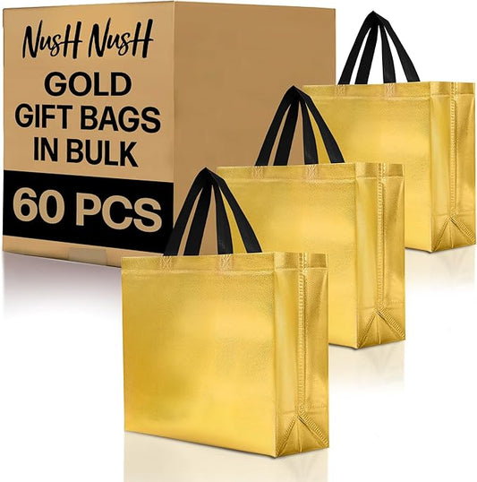 Nush Nush Shiny Gold Gift Bags Bulk – Set of 60 Reusable Gold Gift Bags With Handles - Perfect Goodie Bags Mothers Day, Birthday Party Favors, Small Business, Events, Weddings - 13Wx5Dx11H Size