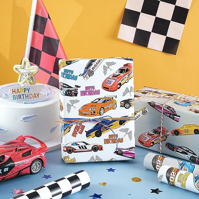 WRAPAHOLIC Racing Car Birthday Wrapping Paper - Mini Roll - 3 Rolls - 17 Inch x 120 Inch - Checkered Flag Car Wrapping Paper for Kids Boys Birthday, Baby Shower