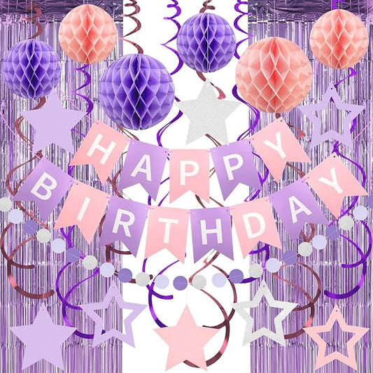 ZERODECO Birthday Decorations, Happy Birthday Banner with Paper Honeycomb, Star Hanging Swirl, Fringe Curtain, Garland, Birthday Party Decorations for Women Girls (Lavender Pink)