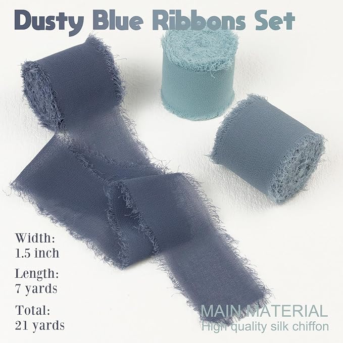 Dusty Blue Chiffon Ribbon 1.5 Inch x 21Yds Handmade Fringe Chiffon Silk Ribbon Dusty Blue/Slate Blue/Dark Blue Frayed Chiffon Ribbon for Wedding Invitation Flower Bouquets Bridal Shower Gift Wrapping