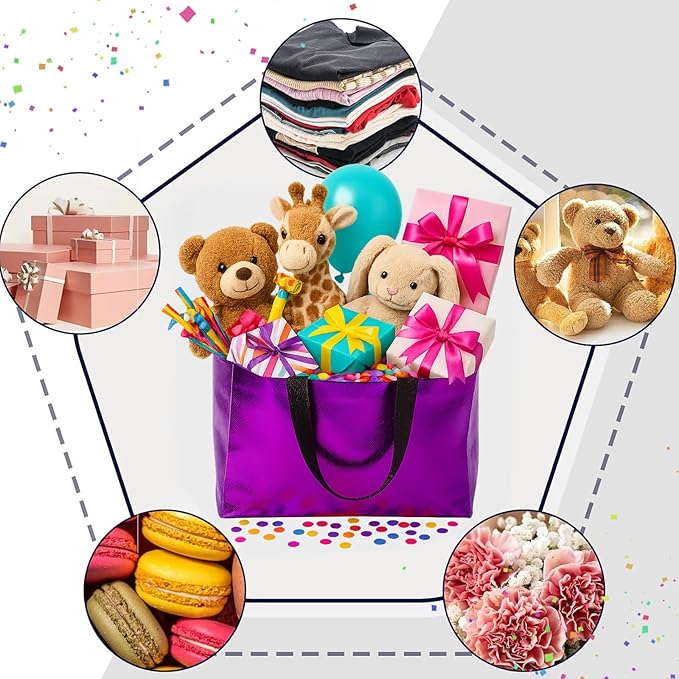 VGOODALL 15 Pack Purple Gift Bags with Handles, 12.6" x 5" x 11" Large Reusable Party Favor Bags Bulk for Birthday Wedding Party