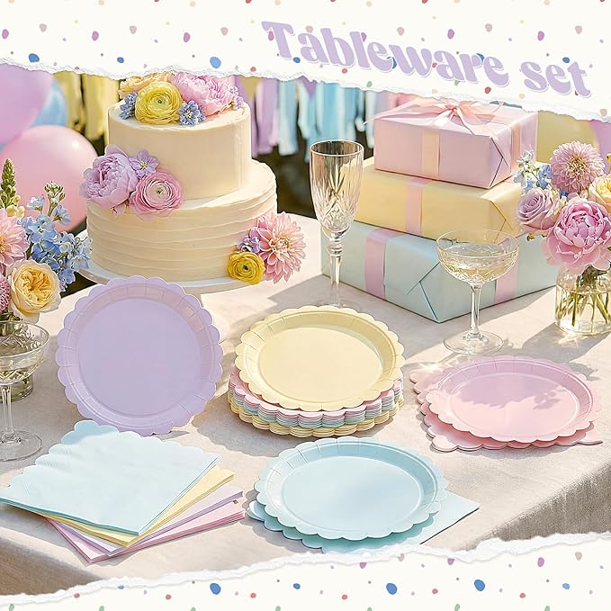 120 Pcs Pastel Paper Plates and Napkins Pastel Rainbow Party Supplies Bulk Disposable 7 Inch Scalloped Plates Cocktail Napkins for Colored Easter Wedding Bridal Baby Shower Birthday, Serve 60