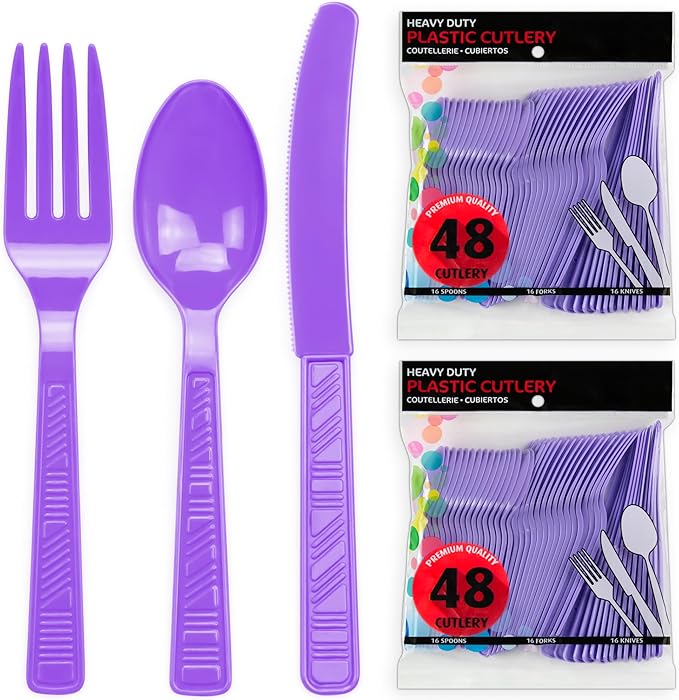 DecorRack Plastic Cutlery Set, Purple Colored Plastic Silverware Sets for Parties, 240 Piece Bulk Heavy Duty Utensils (Purple, 240 Pieces)